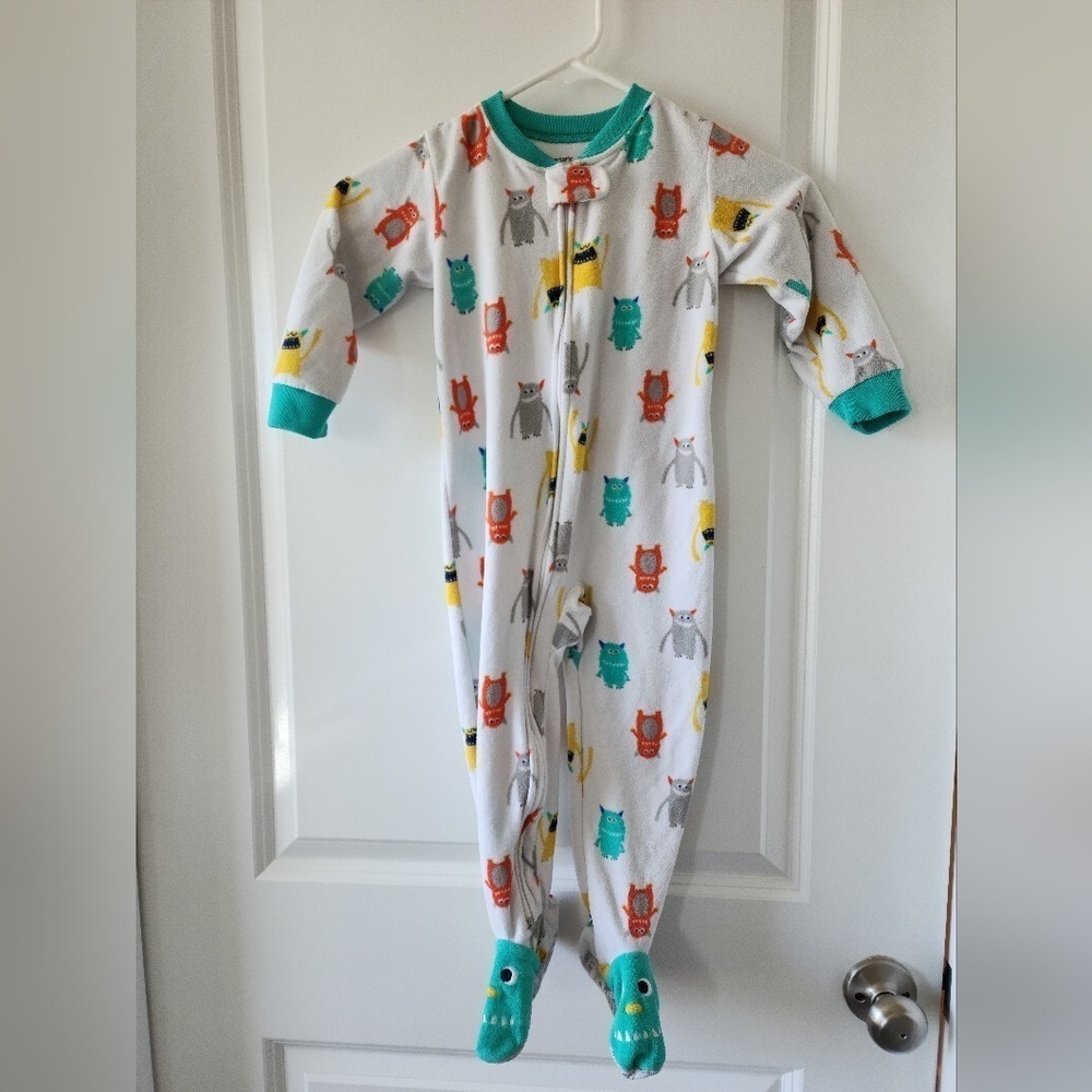 Kids 3T Carters Toddler Fleece Monster Footed Pajamas White Teal Orange‎ Sleeper